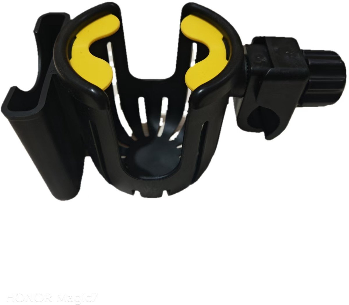 Gloovon 2-in-1 Bekerhouder met Telefoonhouder - 360° Draaibaar - Universele Drankhouder voor Fiets, Kinderwagen & Scooter - Anti-Slip - Zwart/Geel