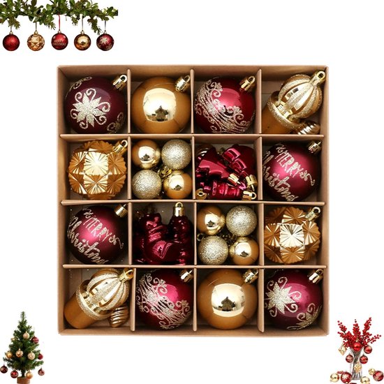 42 stuks kerstballen voor kerstboom - retro kerstboomversieringen bal voor binnen - decoratieve hangende ornamenten kerstballen voor vakantiefeestdecor - bordeaux goud