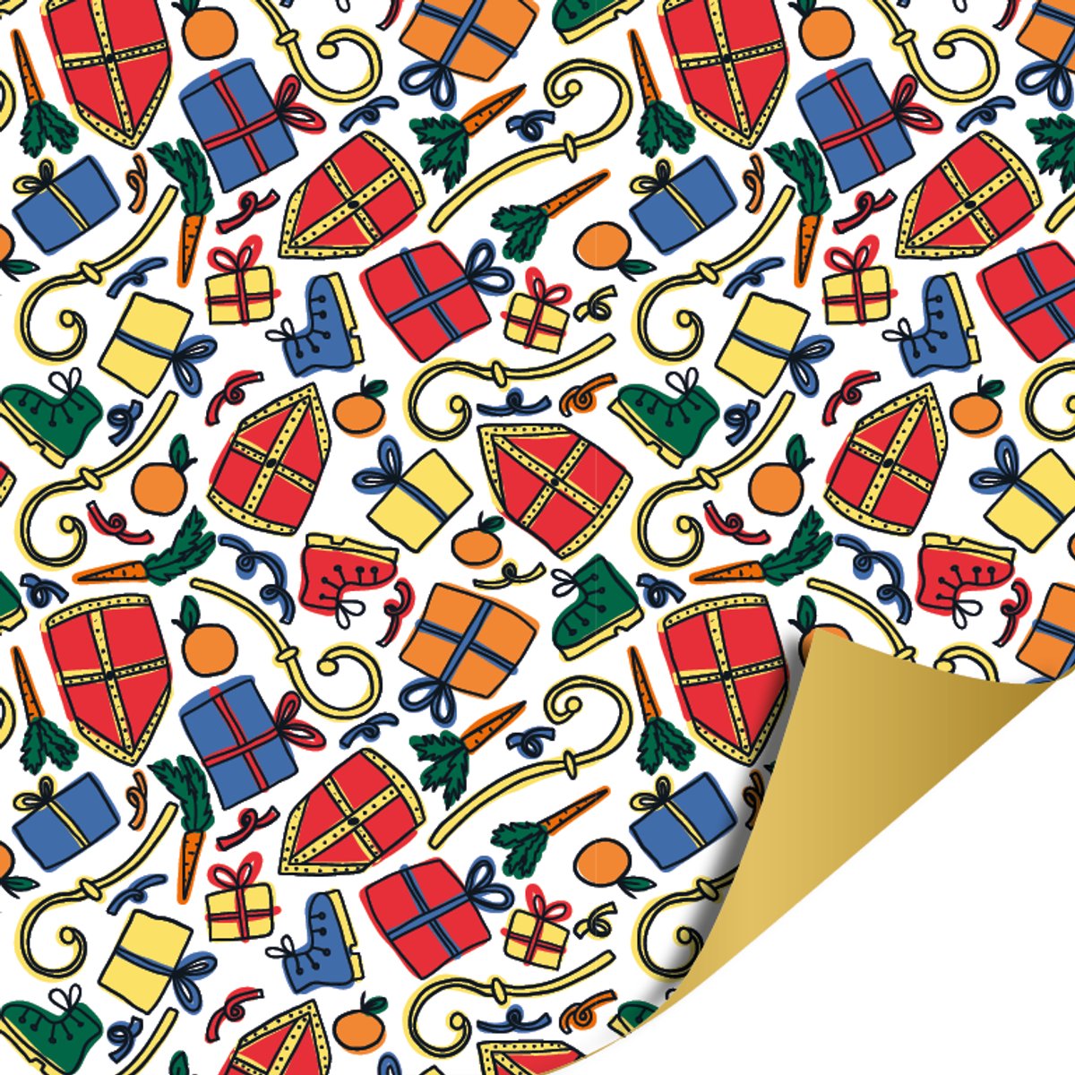 Het Inpakhuis - Cadeaupapier - Inpakpapier - Kadopapier - Sinterklaas - Pakjesavond - Mi Ma Mijters - Goud - Piet - Schoencadeau - 70cm x 2mtr