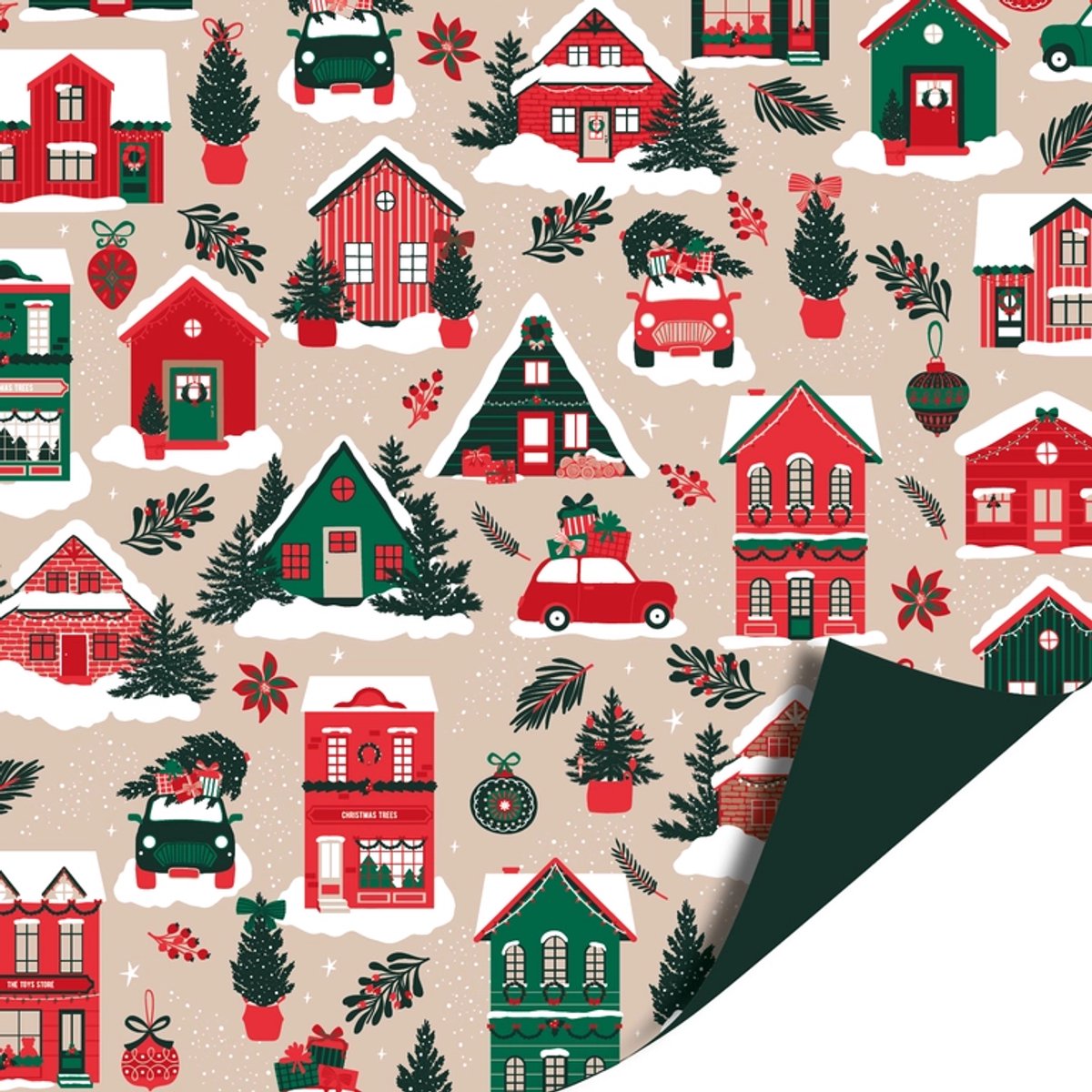 Het Inpakhuis - Cadeaupapier - Inpakpapier - Kadopapier - Kerst - Winterhouses - Groen - Beige - 70cm x 2mtr