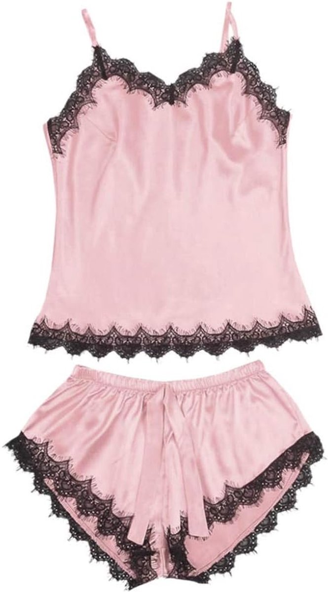 Lingerie Dameslingerie Sexy set kanten Kimono nachtkledingPyjama Vrouwen Satijnen Tops Broek Sexy Nachtkleding Pyjama Vrouwelijke Nachtkleding Sets Lace up Mouwloze Strapless Pijamas Lingerie-Pink_S