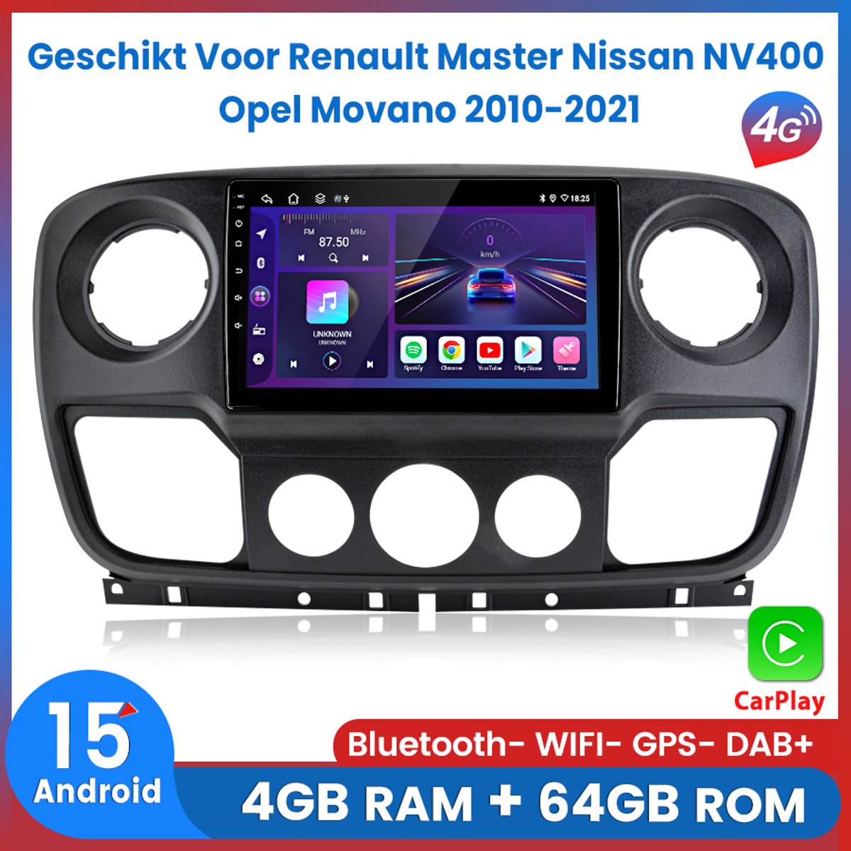 Awesafe 8-Kern 4+64GB Autoradio - Geschikt Voor Renault Master / Nissan NV400 / Opel Movano 2010 t/m 2021 - Android 15.0 Systeem - Draadloze Apple Carplay Android Auto - GPS Navigatie 4G WiFi - Bluetooth Radio - Ondersteuning invoegen 4G SIM