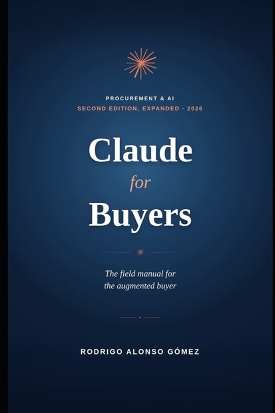 Boekomslag: 'Claude for Buyers', tweede uitgebreide editie 2026, met een donkerblauwe achtergrond en oranje accenten.