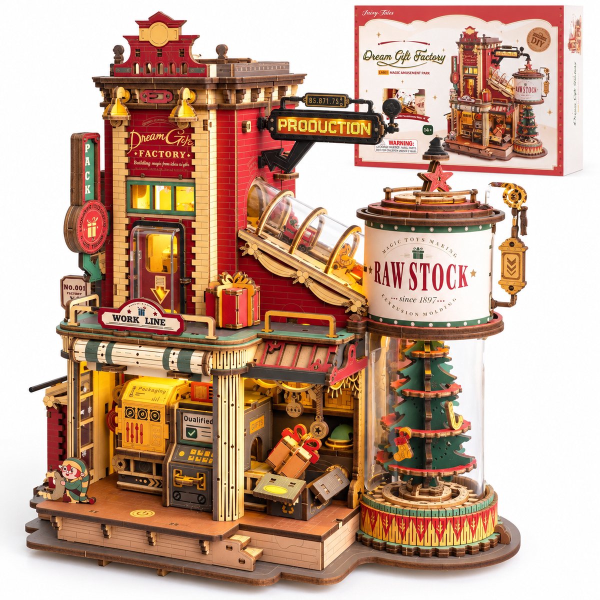 Sello! houten muziekdoos – bouwpakket – bouwproject – bewegende miniatuurfabriek – schaal 1: 24 – afmetingen 24,4 × 16,3 × 25,6 cm