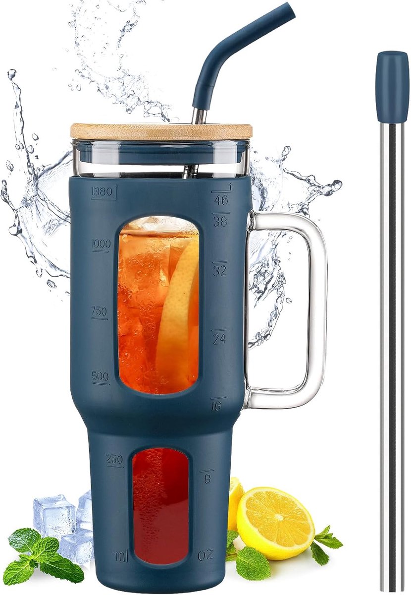 SnelShoppen - Glass Cup with Lid and Straw 1400ml, Iced Coffee Cup met Handvat, Silicone Cover, BPA Vrij, Blauw - Perfect voor Auto, Feest, Tuin, Keuk