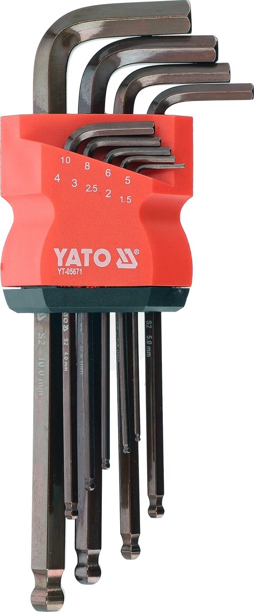 YATO YT-05671 Inbussleutelset met Kogelkop - 9-Delig - Lang Model - S2 Staal (HRC 58-62) - 1.5 t/m 10 mm - Bruine Coating