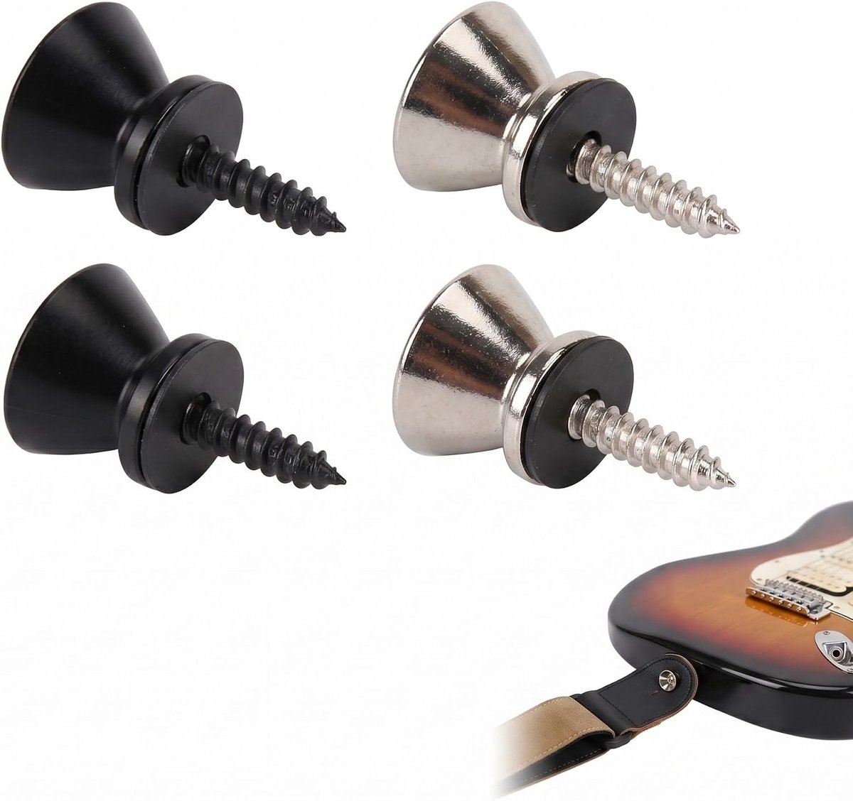 Gitaarriem knoppen - metaal met rubberen pads - 4 stuks zwart en zilver - voorkomt vallen - ShopVlot