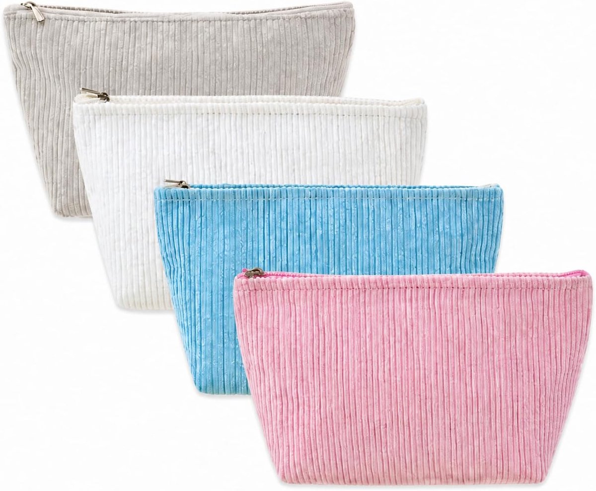 4 stuks kleine make-uptassen van corduroy met ritssluiting - Mini make-uptas, 4 kleuren, toilettas dames, kleine - ShopVlot