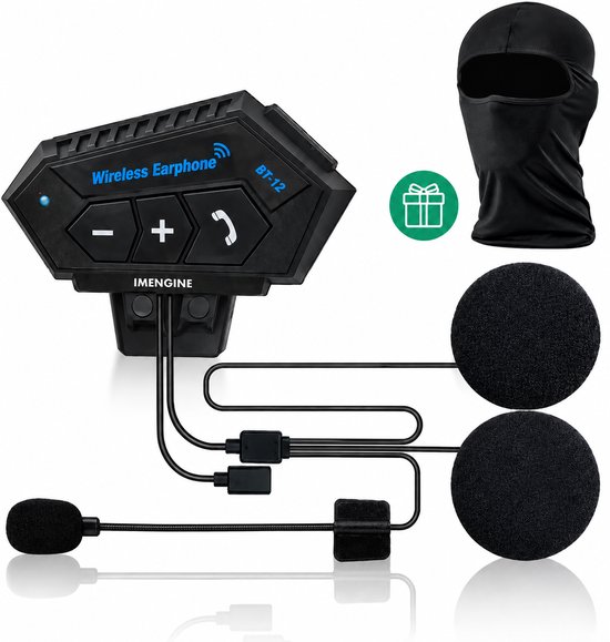 Zwarte IMENGINE BT-12 draadloze motorhelm headset met microfoon en oortjes. Inclusief zwarte bivakmuts.