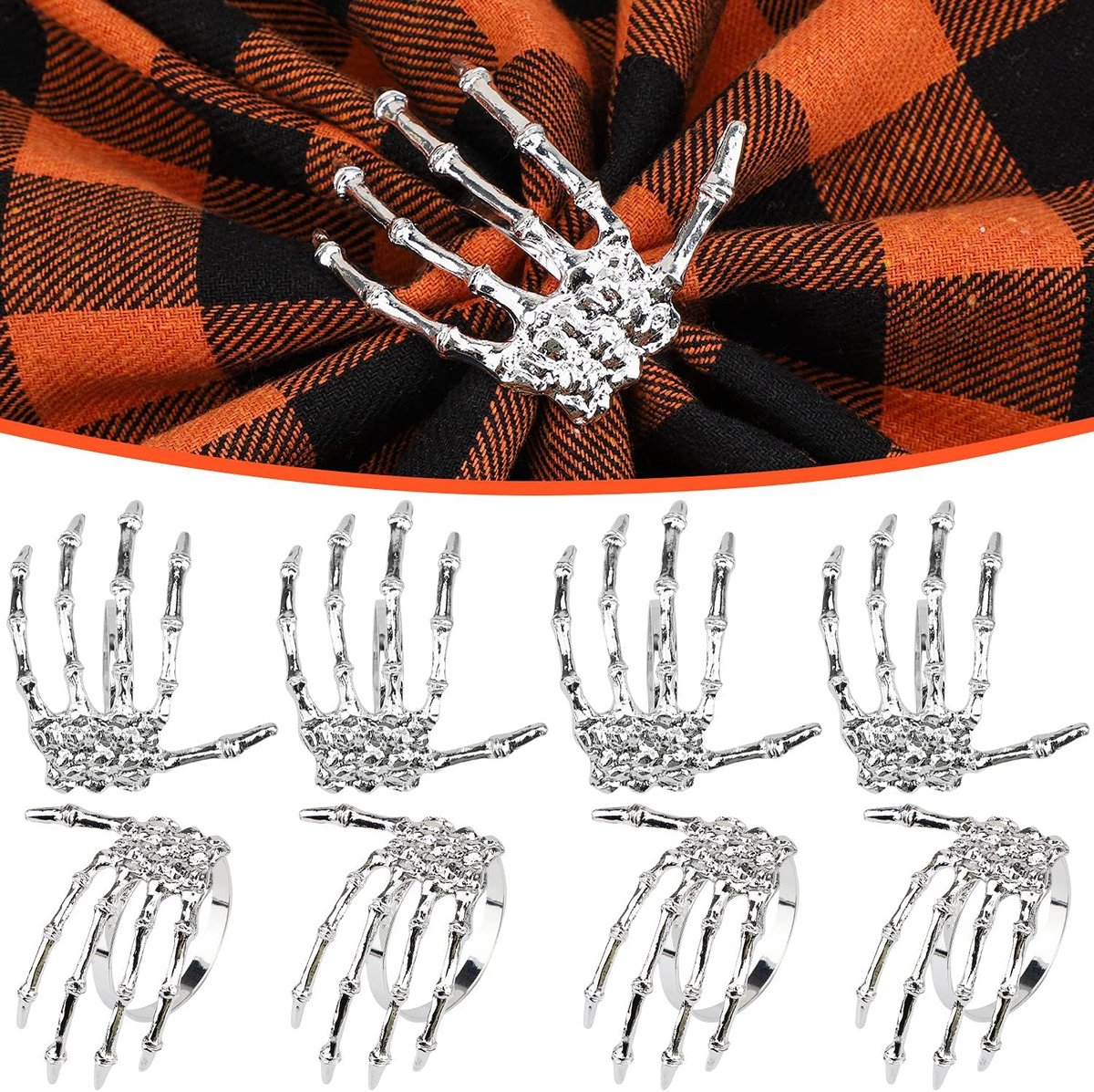 8 Pcs zilverkleurige servetringen van metaallegering in skeletklauwvorm - Halloween tafelaccessoire voor diners - verjaardagen en thema‑evenementen