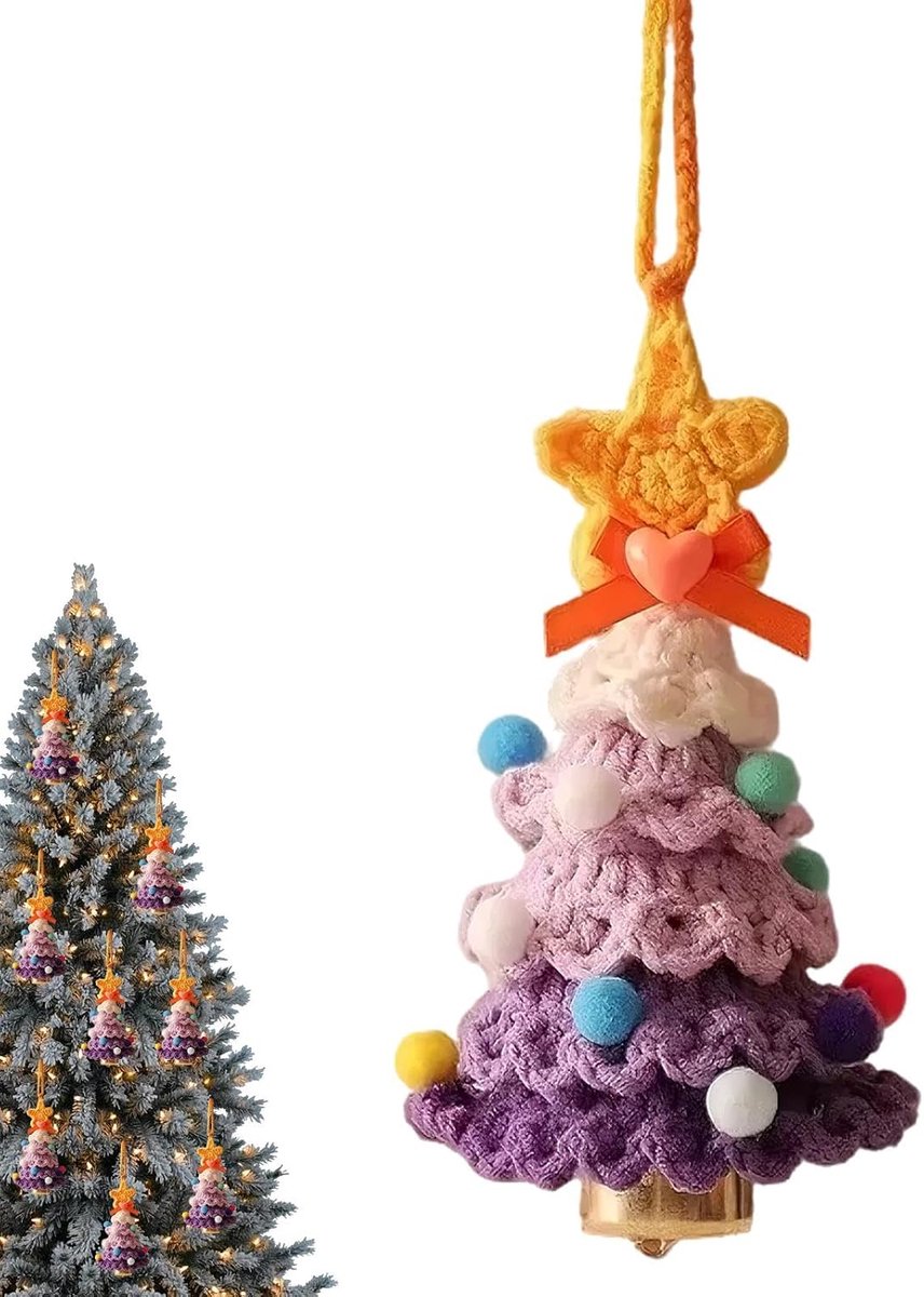 Haakpakket Kerst - Gehaakte Kerstboom Hanger - 23 * 7 cm - Handgemaakte Wollige Kerstboomversiering - met Gele Ster & Pompoms - Onbreekbare Stoffen Kersthanger - Paars/Geel