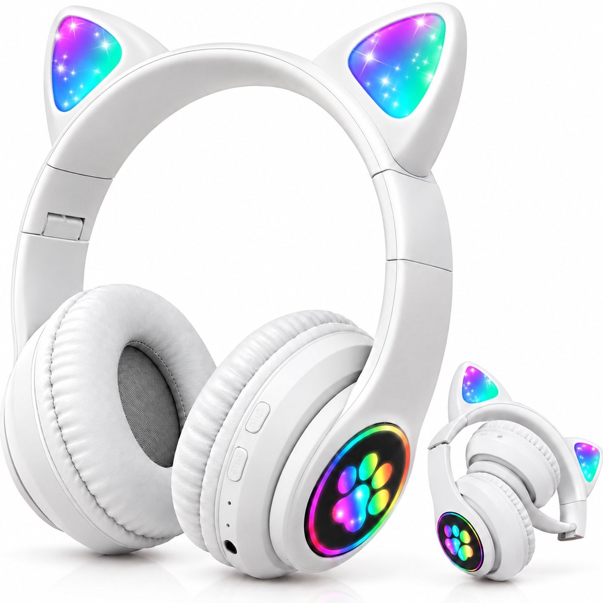 Kinder Koptelefoon Draadloos Bluetooth - Kinder Hoofdtelefoon - Draadloos Opvouwbaar Schattige Koptelefoon - Kids Headset - Over Ear-Bluetooth - Microfoon - Kattenoortjes met LED Verlichting - Wit