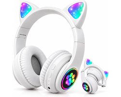 Kinder Koptelefoon Draadloos Bluetooth - Kinder Hoofdtelefoon - Draadloos Opvouwbaar Schattige Koptelefoon - Kids Headset - Over Ear-Bluetooth - Microfoon - Kattenoortjes met LED Verlichting - Wit