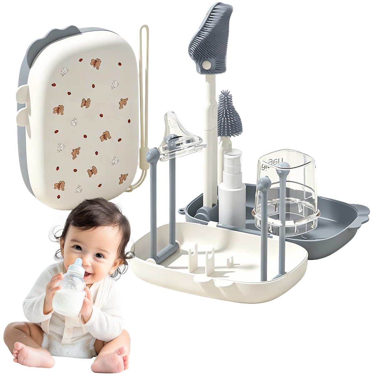 6-in-1 draagbare babyflessenborstelset met siliconen borstel, grijs - ShopVlot