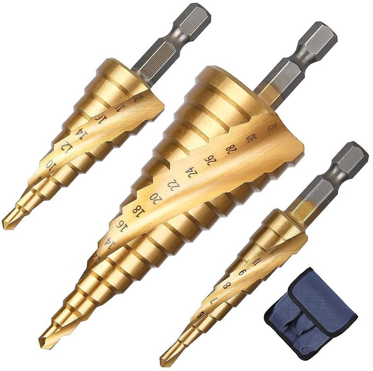 SnelShoppen - 3Pcs Spiral Grooved Step Drill 4-12/20/32mm HSS Titanium Coated Hex Shank voor Hout, RVS en Metaal - Professionele Boor Set