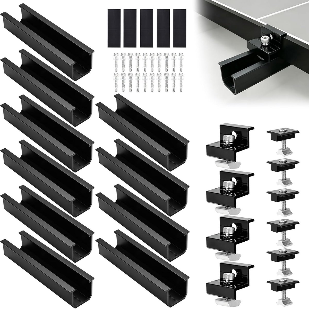PV montageset voor 4 zonnepanelen, 12 cm zwarte aluminium rail + verstelbare klem 30-35 mm, aluminium houder voor plat - ShopVlot