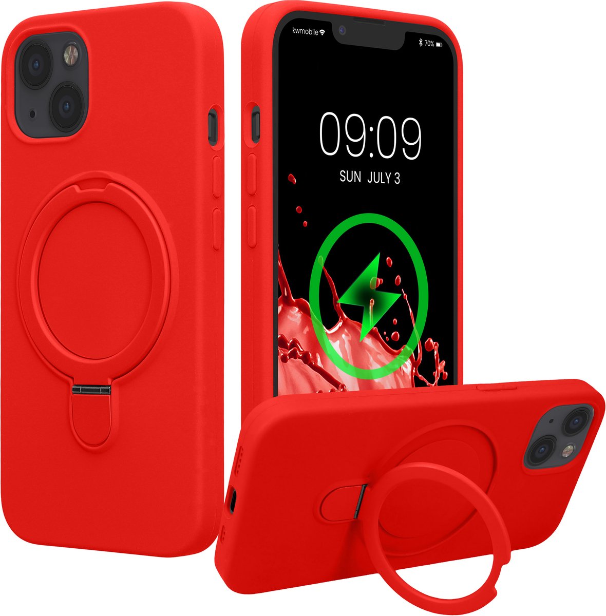 kwmobile Hoesje met Ringstandaard voor Apple iPhone 13 / iPhone 14 - Compatibel met MagSafe - Siliconen Beschermhoes met Microvezel Voering en Standaard - rood