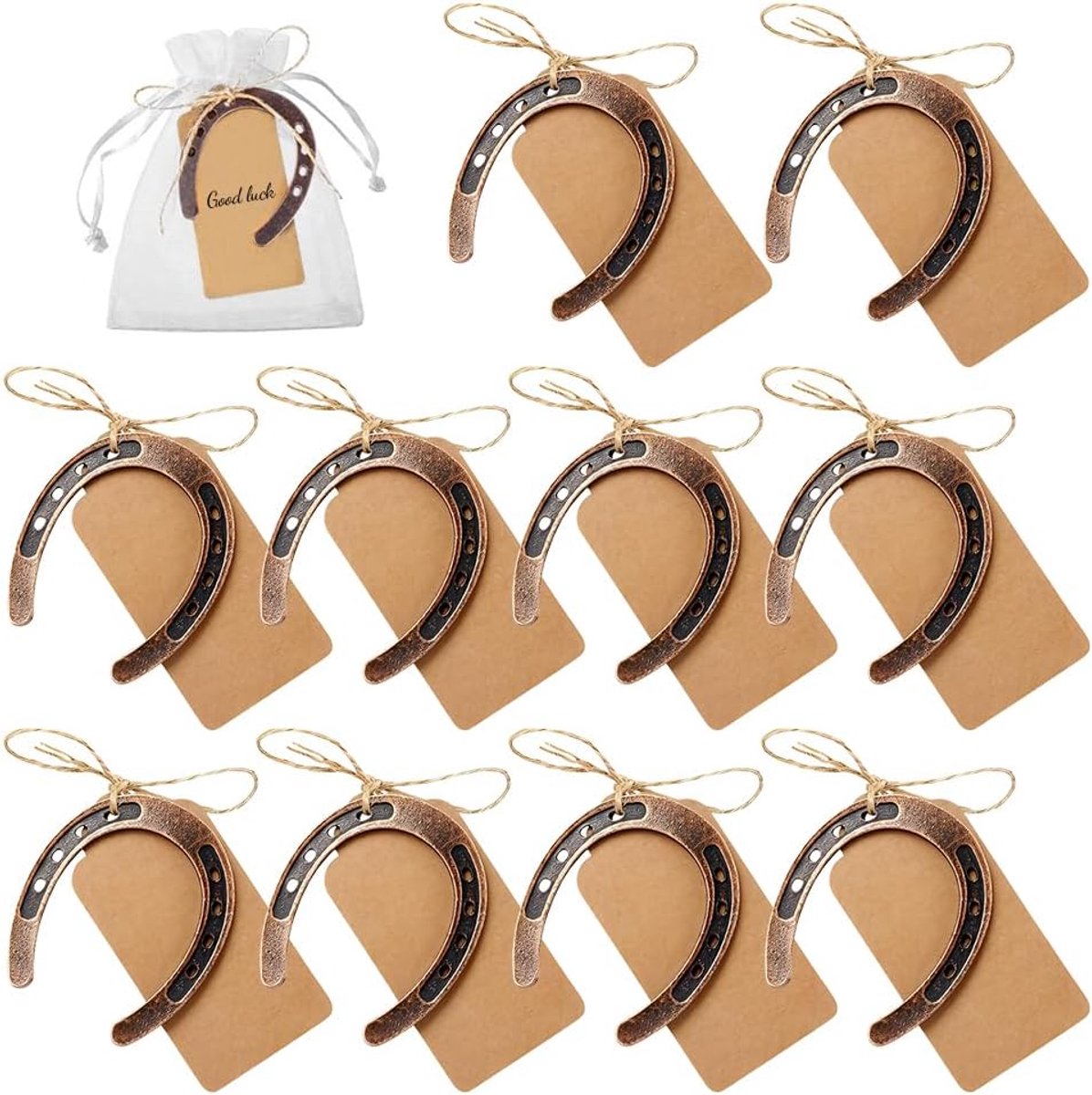 10 stuks decoratie hoefijzers, geluksbrenger, cadeau hoefijzer om op te hangen met koord en kraftpapier, cadeauhangers - ShopVlot