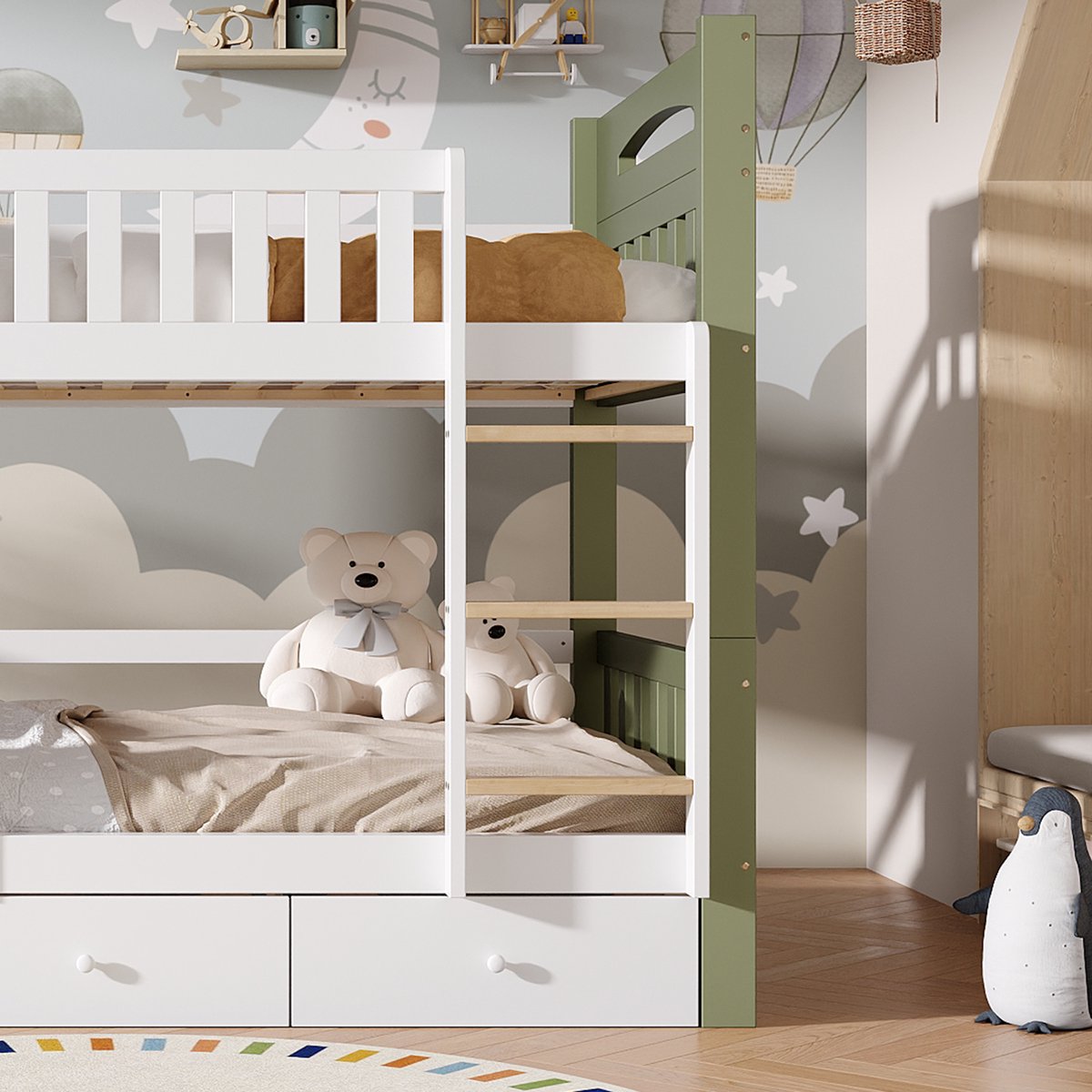 MODENUIT Kinderstapelbed - Twee Slaapplaatsen 90 x 200 cm - Hout en MDF - Wit Groen - Met Ladder en 3 Laden
