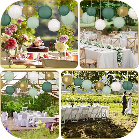 Papieren Lantaarns - Kleurige Ronde Lampions Set van 20 - Hangende Lampions Decoratie in Donkergroen, Lichtgroen, Goud en Wit - Feestelijke Decoratie voor Bruiloft, Tuin, Buiten en Feest — afbeelding 4
