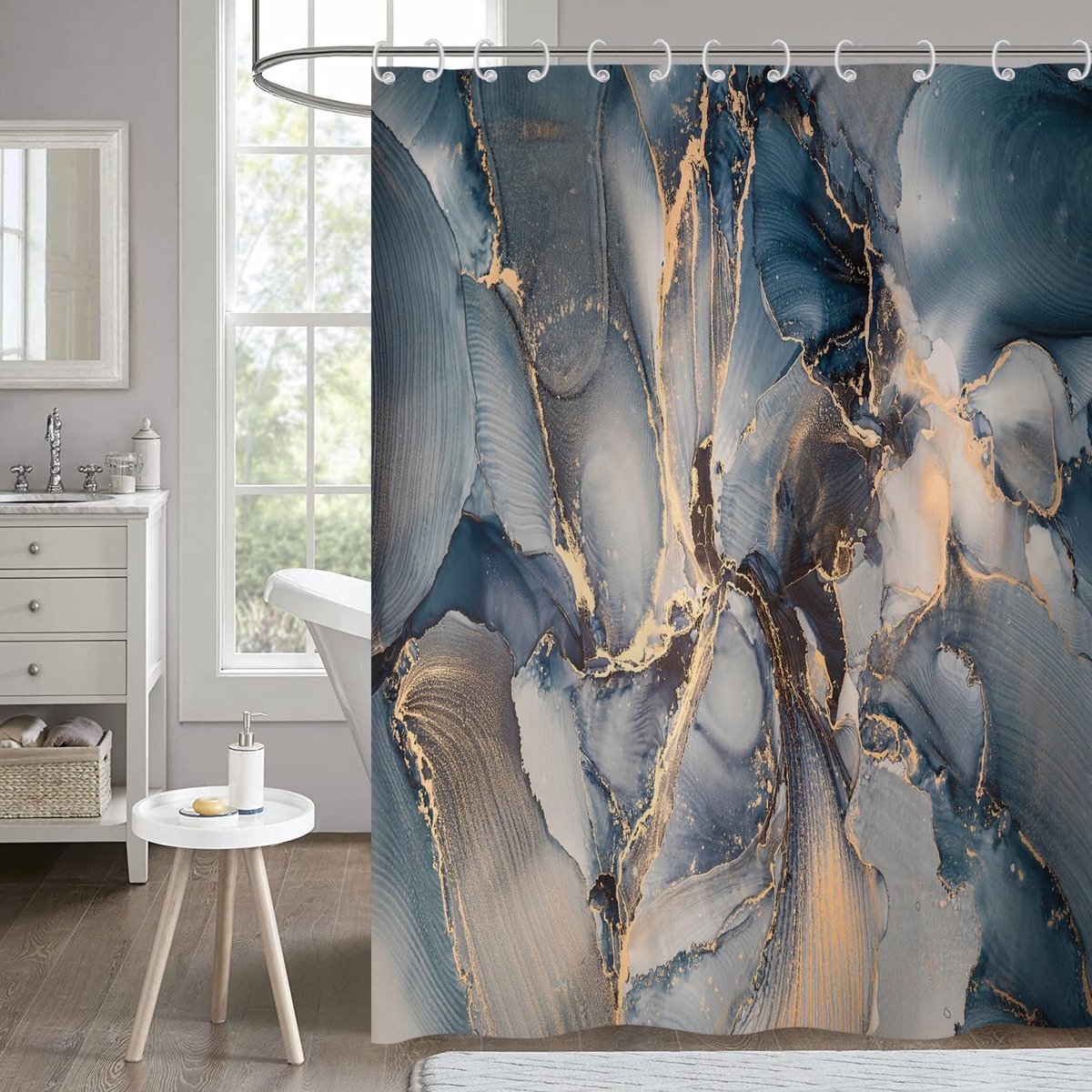 Douchegordijn 180 x 200 cm - abstract navy blauw grijs goud glitter - modern luxe - waterproof polyester - ShopVlot