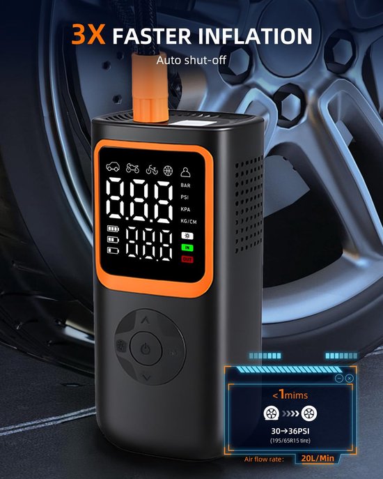Draagbare Elektrische Bandenpomp - Draadloze Mini Compressieve Noodaccu (6000mAh) - 150 PSI Met LED Lamp & Powerbank Functie - Voor Auto, Fiets & Bal — afbeelding 2