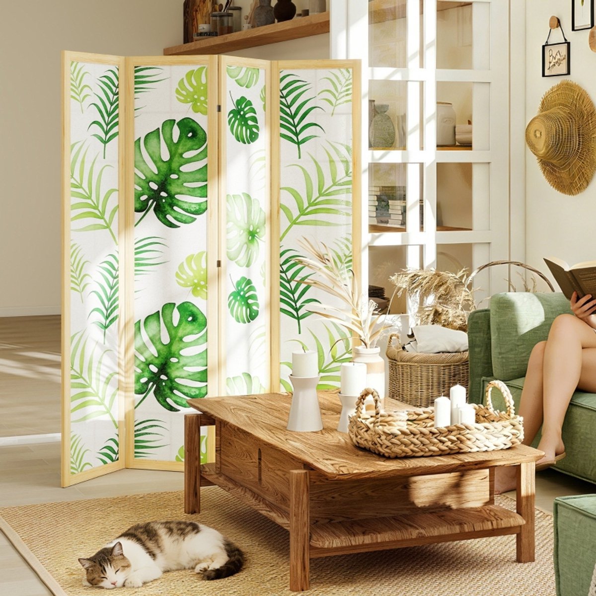 FloraGrace Kamerscherm Opvouwbaar - 160 x 1,8 x 170 cm - Hout - Naturel en Groen - Vierdelig Vrijstaand met Tropisch Bladmotief Natuurlijk hout
