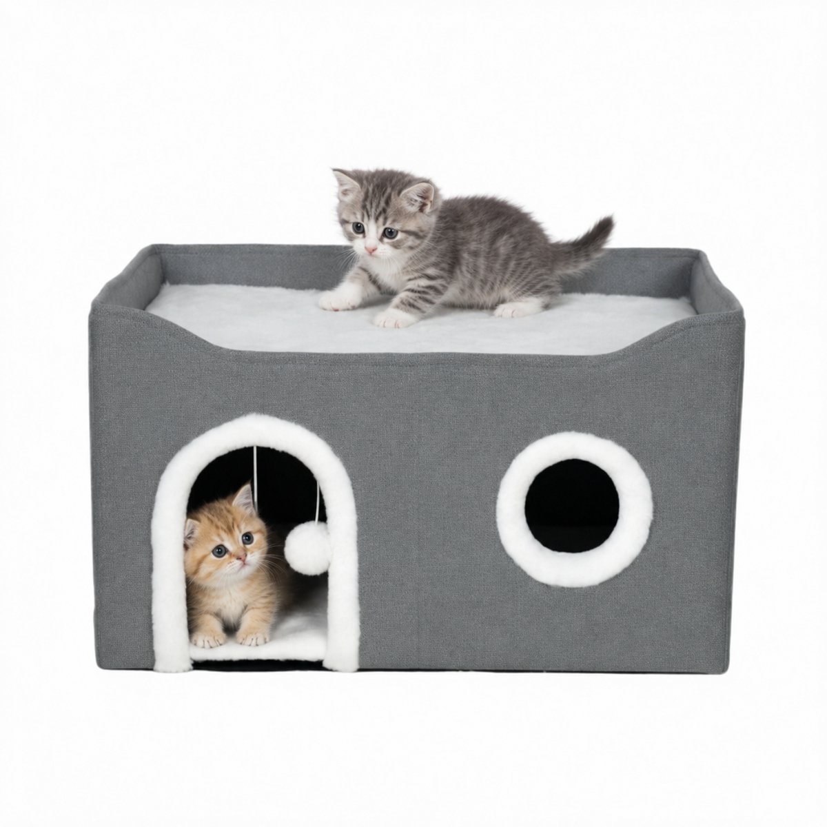 Opvouwbaar Kattenhuis Voor Binnen-Kattenhuis Met Krabplank-Verhoogd Bovenbed-Omkeerbaar Kussen-60 x 40 x 34 cm-Woonkamer-Slaapkamer-Grijs