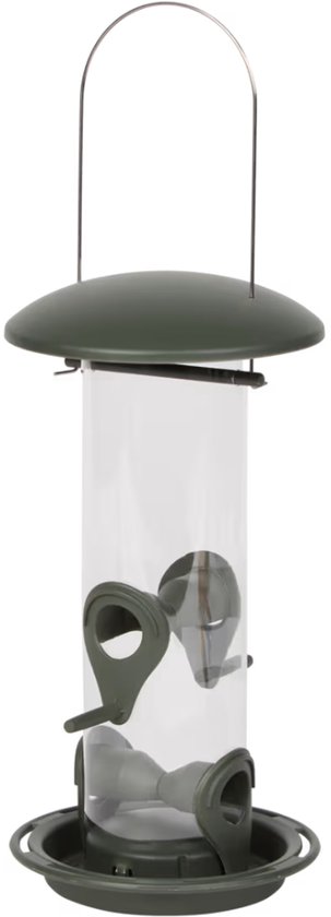 Transparante vogelzaadsilo van 26 cm hoog met olijfgroene boven- en onderkant en meerdere voederopeningen.