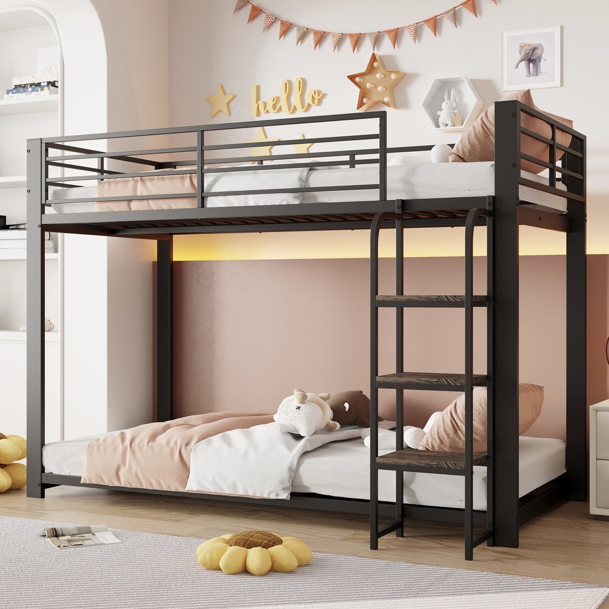 DESMIU Stapelbed 90x200cm - Met Ladder En Brede MDF-Treden - Veiligheidshek En Metalen Frame - Voor Kinderkamer En Logees - Zonder Matras - Zwart