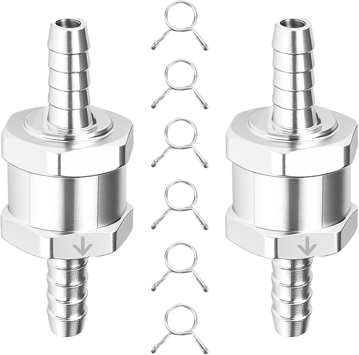 Terugslagventiel, 6 mm aluminium ventiel, terugslagventiel, dieselleiding, terugslagbeveiliging, benzine met 6 stuks veerklemmen, voor enzin diesel, marine, water, 2 stuks