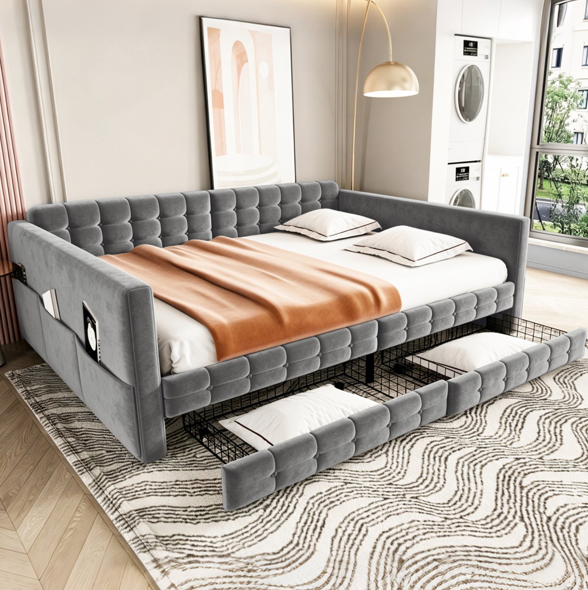 REDOM Slaapbank - Velours bekleding - Vierkant stikpatroon met knoopdetails - Zijvakken en 2 bedlades - Lattenbodem - Grijs - 140 x 190 cm