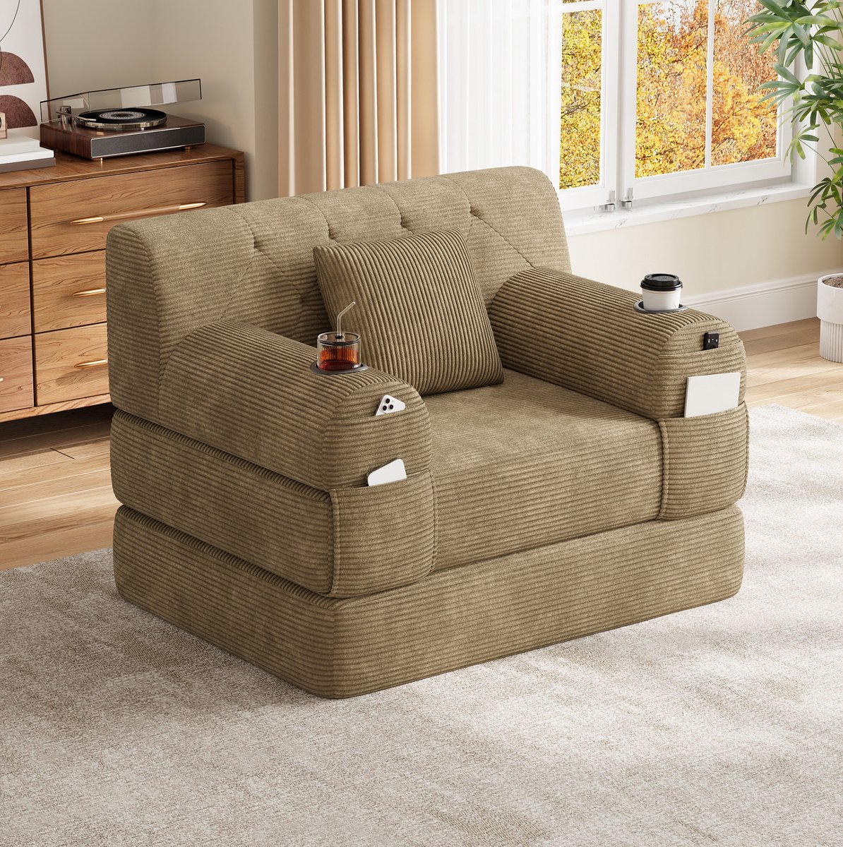 REDOM Slaapbank - 1 zitplaats - Hoge rugleuning - Metalen frame - 4 zijvakken en 2 bekerhouders - Corduroy - Khaki - 107 x 80 x 81 cm