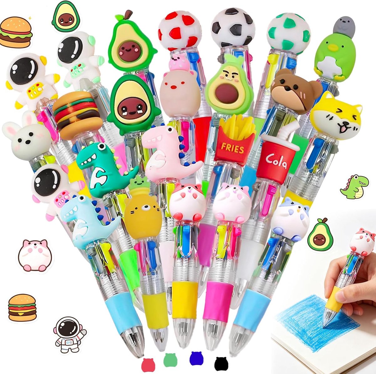 24 stuks 4-in-1 balpen cadeauset, mini intrekbare balpennen, grappige Kawaii pennen voor verjaardagscadeautjes, prijs onderwijs, schoolbenodigdheden, kantoor