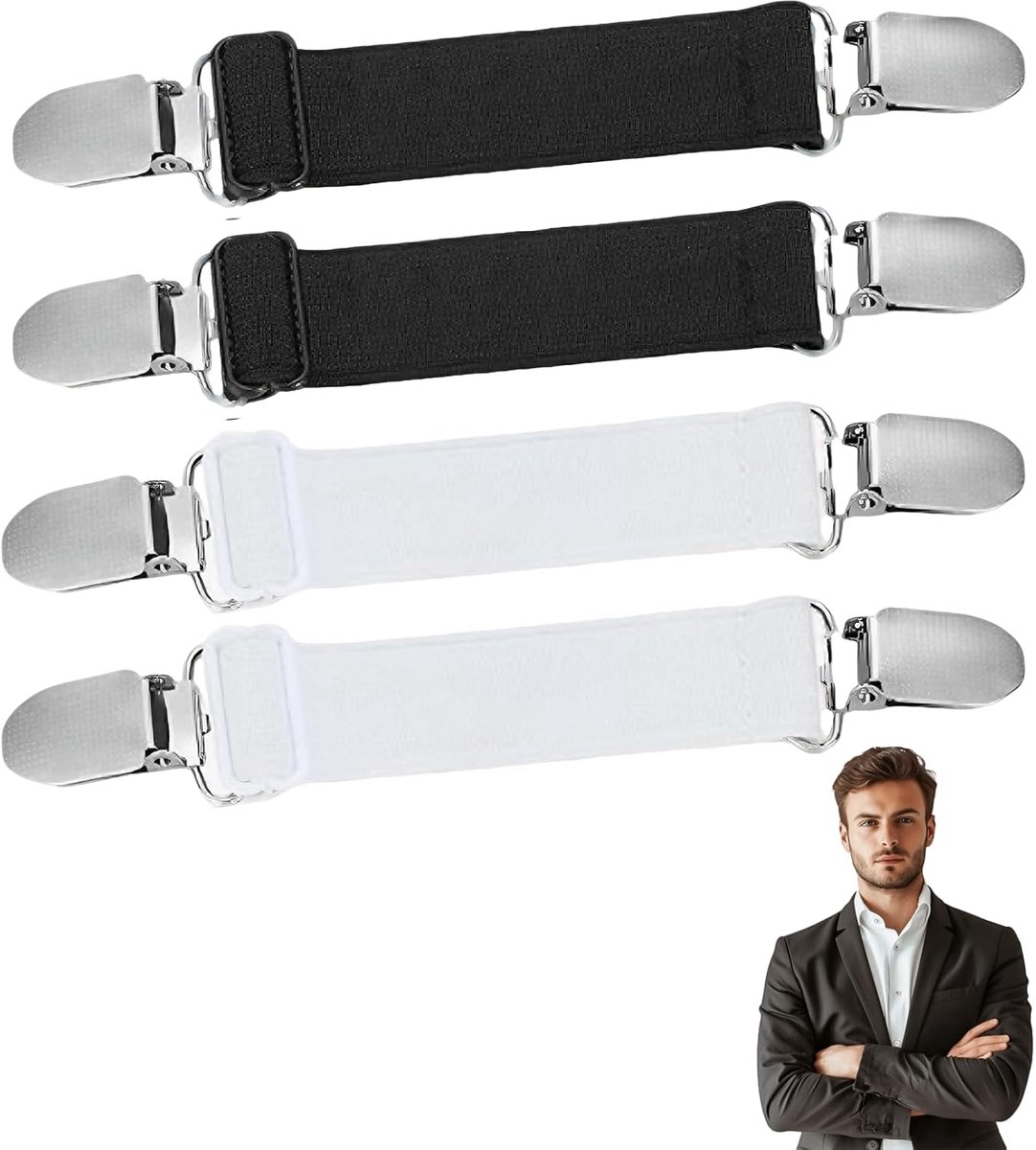Clip set – 4 stuks – kledingklemmen zwart wit – verstelbare elastische clips – roestvrij staal – geschikt voor truien, sjaals en jurken – uniseks gebruik binnen en buiten