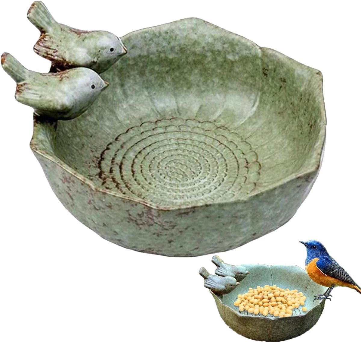 Groene voederschaal, vogelbad, vorstbestendig, staand, voor wilde vogels, voor buiten, tuin, 16 x 16 x 8 cm (groen)
