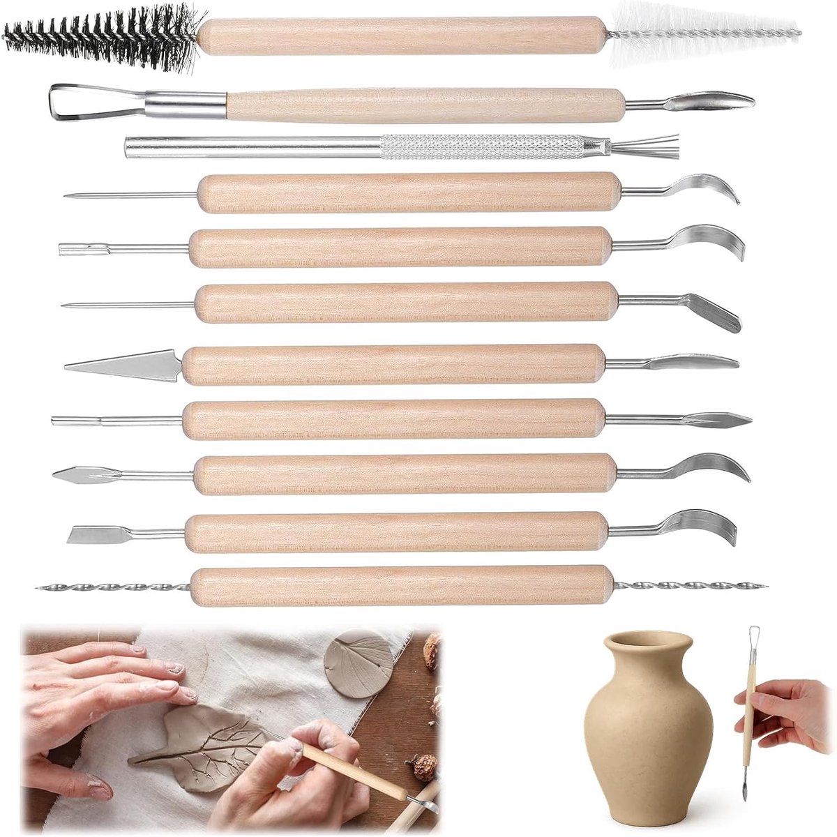 Boetseergereedschap 11-delige set – Dubbelzijdige houten en metalen beeldhouwtools – Voor keramiek, polymer clay, luchtgedroogde klei en creatieve DIY projecten – Modelleren, graveren e