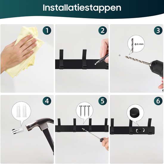 Wandkapstok - RVS Kapstok Hangend - 2-delige Hangend Muurkapstok Set met 12 Haken - 42,5 cm - Zwarte Kapstokken inclusief Bevestigingsmateriaal — afbeelding 2