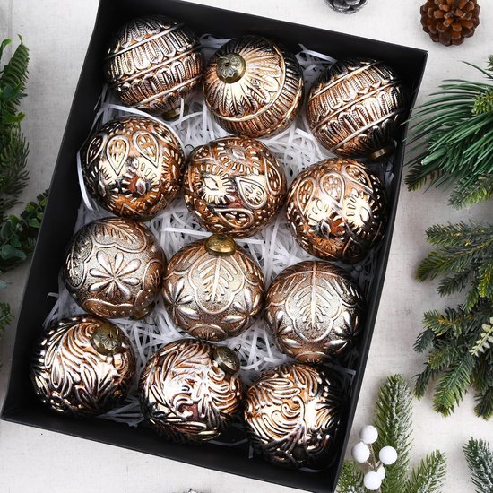Vintage kerstballen voor in de boom – Rustieke koper- en brons kleurige kerstballen voor kerstdecoratie binnenshuis – 80 mm - set van 12