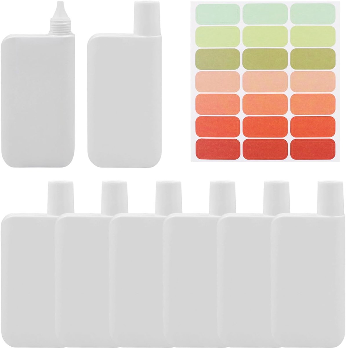 Set van 8 reisflessen om te vullen, 50 ml, kleine plastic flessen met 21 gekleurde etiketten, lekvrije reiscontainers voor cosmetica, shampoo, douchegel en lotion, wit