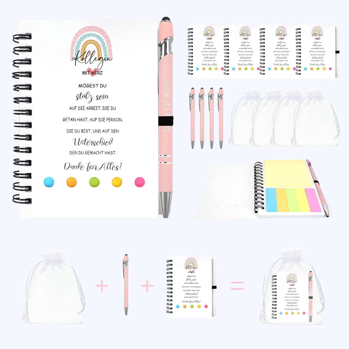 Set van 4 kleine bedankjes, cadeauset voor collega's, afscheidscadeau, afscheidscadeau, A6, notitieboek, bedankt voor alle balpen, beste collega's, cadeau (4 sets wit)