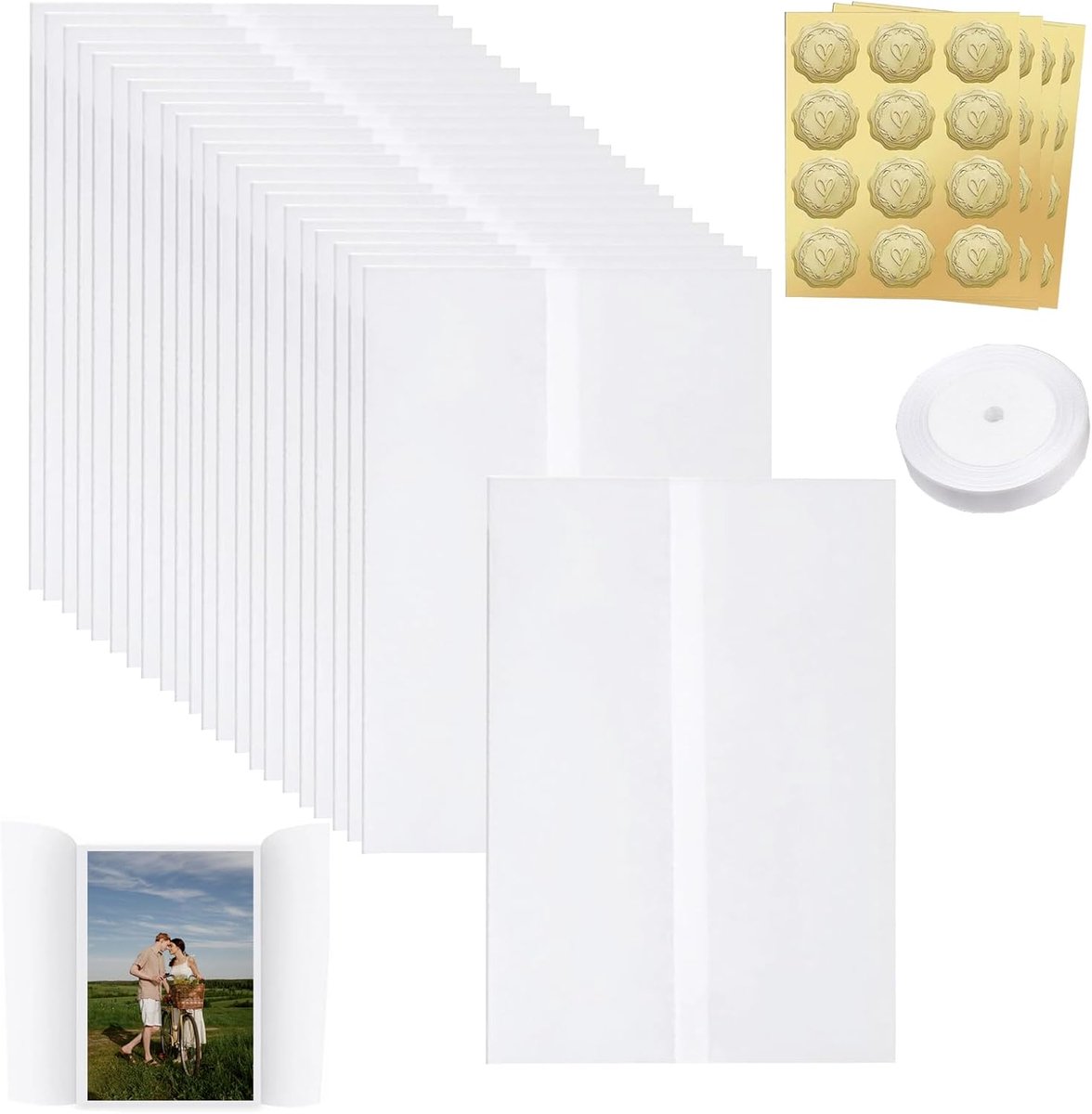 Perkamentpapier voor uitnodigingen, 40 stuks perkamentpapier, 21 x 15 cm voorgevouwen perkamenthoezen, vellumpapier, doorschijnend perkamentjassen voor bruiloftsuitnodigingen, verjaardagsuitnodigingen