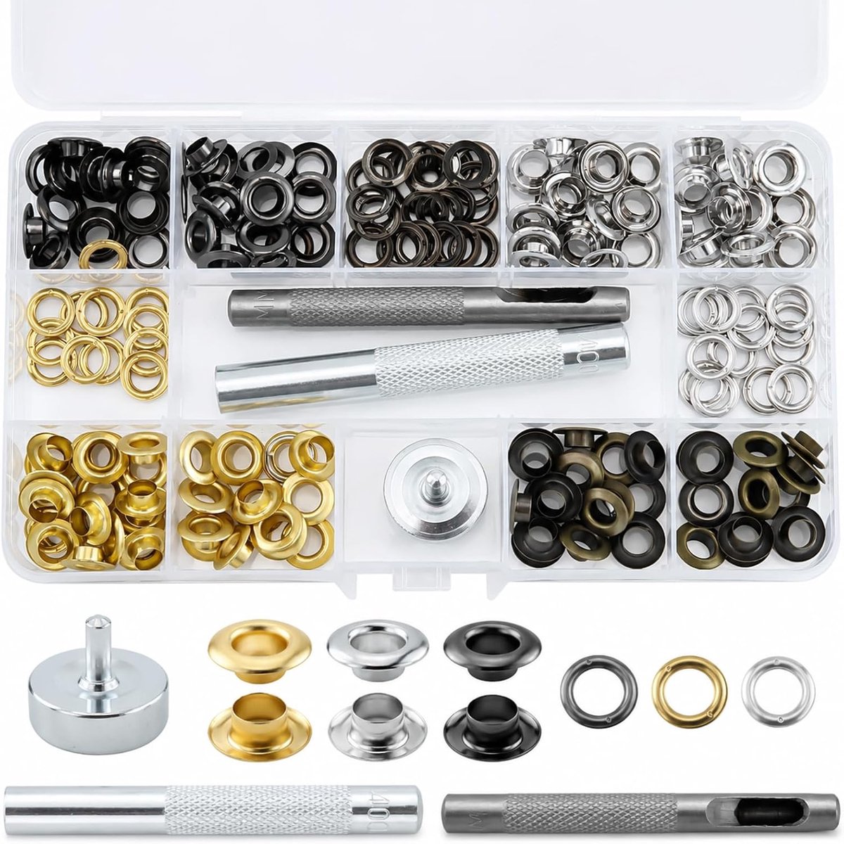 120 sets doorvoergereedschapsset, 6 mm oogjesponsset doorvoerset met gatponsgereedschap, bevestigingstool en metalen basis, oogjes voor stof, leer, kleding, canvas gatponsen (zilver/groen brons/goud