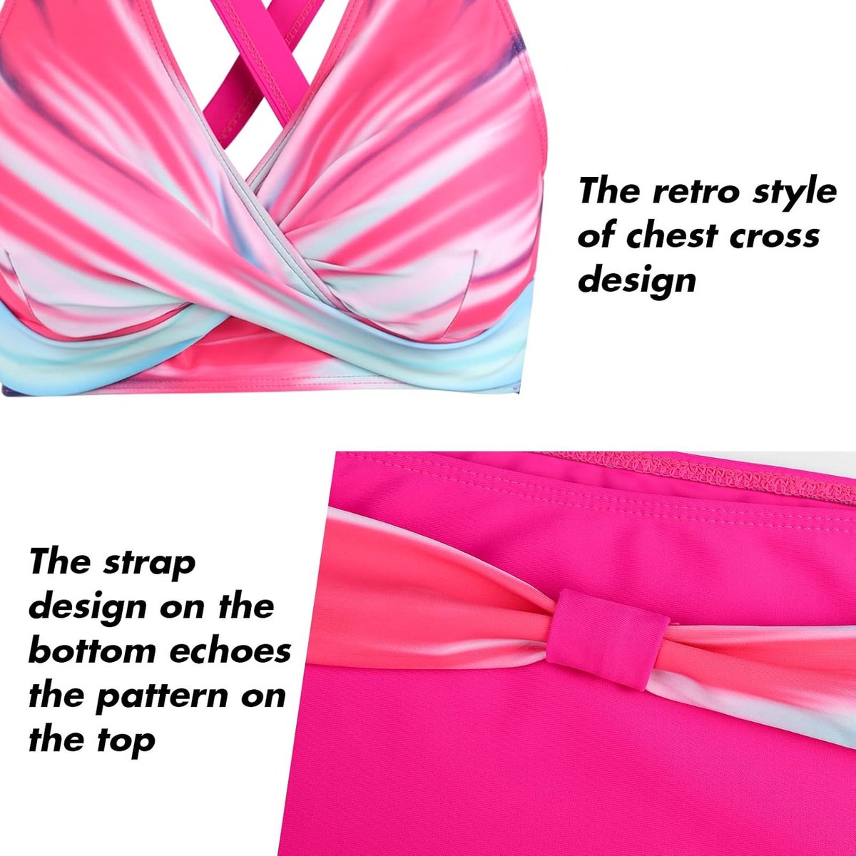 Tweedelige damesbadpakken, bikini met gekruiste top, hoog getailleerde bodem, badpakken voor buikversteviging, badmode met vintage motief