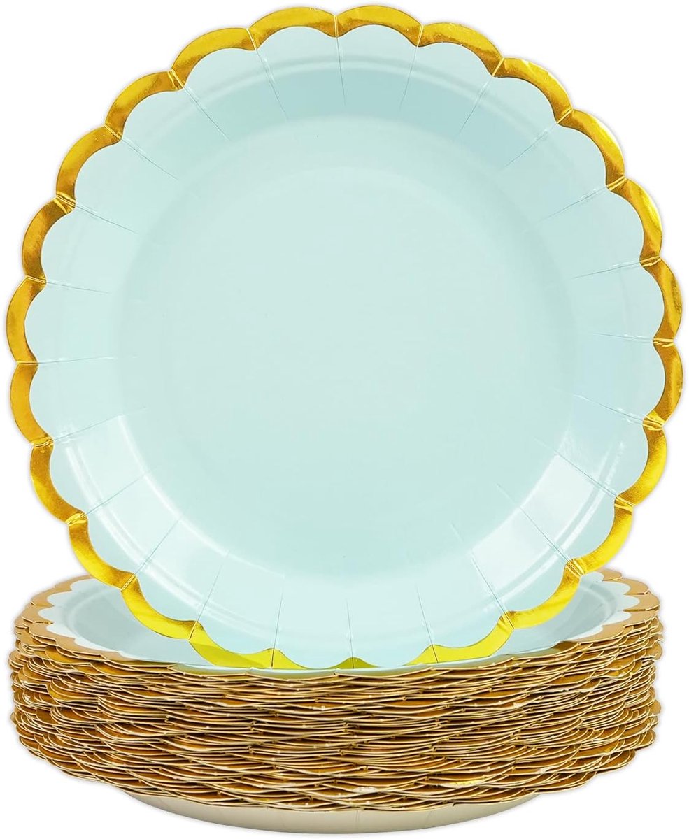 Borden blauw goud, 50 stuks, 23 cm, partyborden blauw met gouden rand, wegwerpborden, papieren borden, verjaardag, taartborden, partyservies voor verjaardag, bruiloft, jubileum