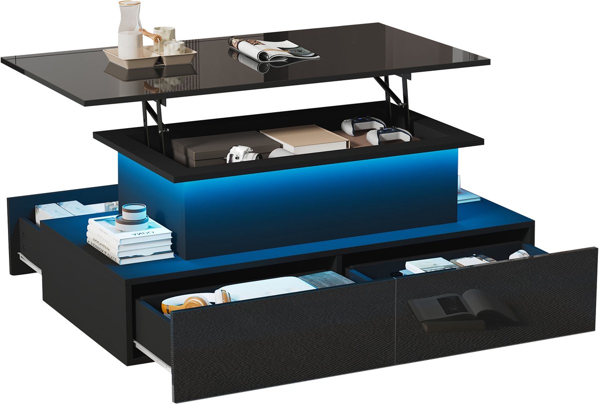 MUVANO Zwarte Hoogglans Salontafel - Salontafel Met Led Verlichting - Uitschuifbaar Tafelblad - Met 4 Lades - 90x55x41 cm - Opbergruimte - Woonkamer Zwart