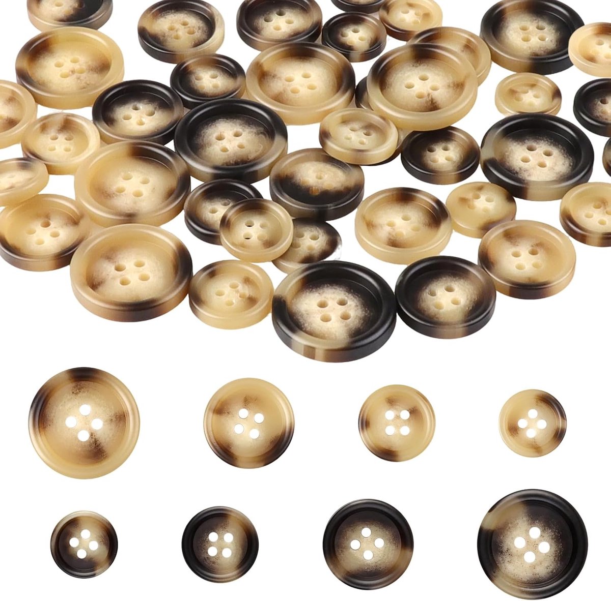 40 Stuks Gemengde Knoppen voor Naaien, Naaiknop Rond Flatback 4-Gaats Hars Bruine Knoppen voor Knutselen DIY Jas Kostuums Decoratie (2 Kleuren+4 Maten)