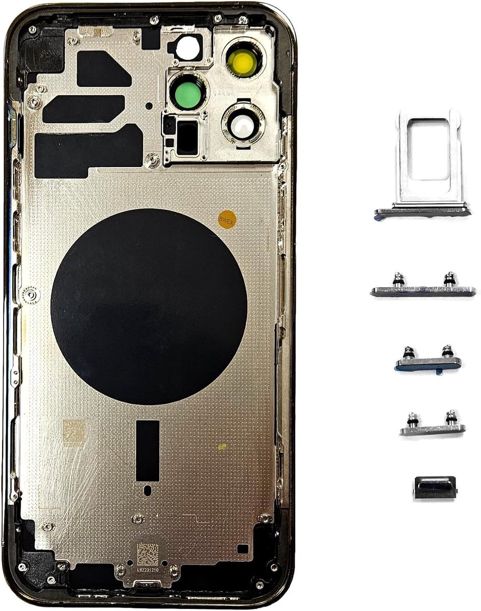 Achterschaal compatibel met iPhone 12 Pro Max Back Cover + Frame + zijknopjes + batterijsticker (zwart)