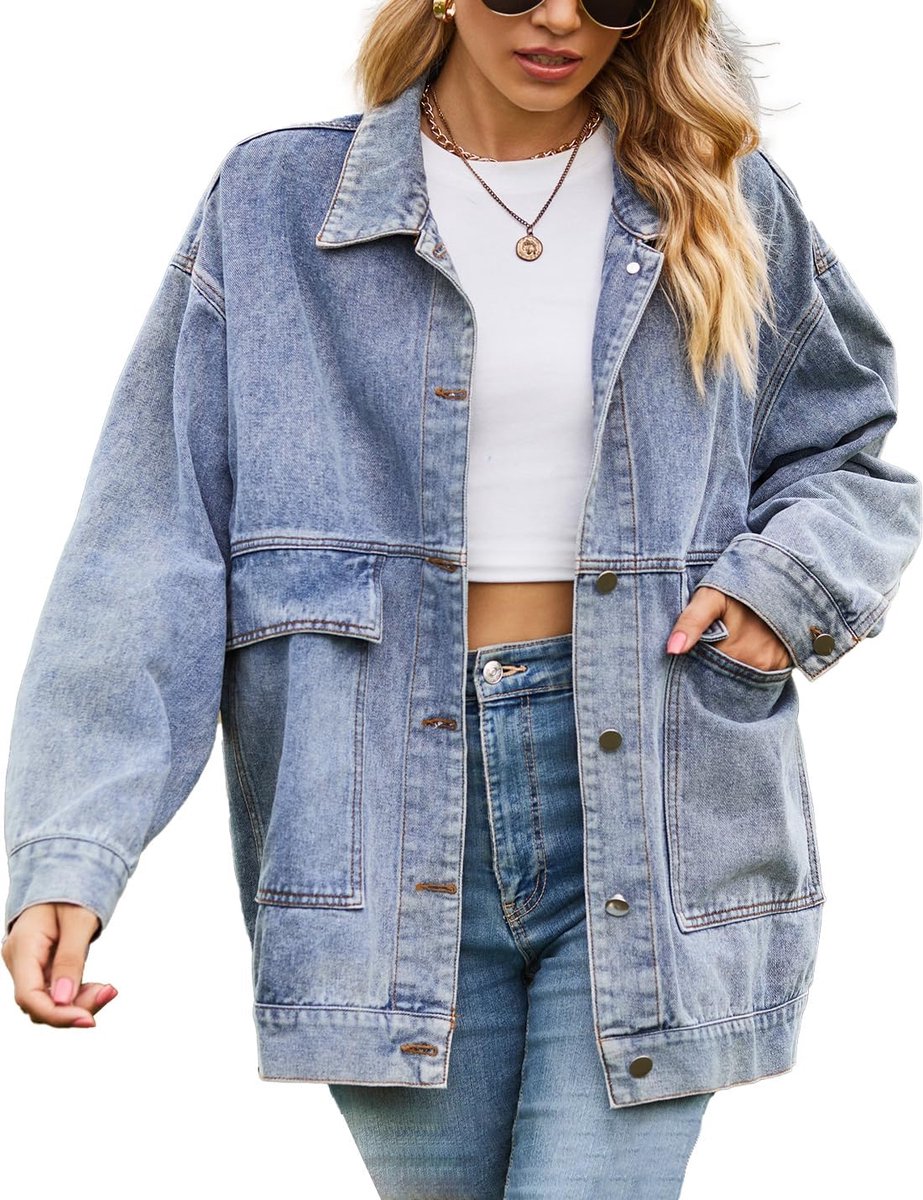 Vintage denim jas voor dames, oversized, knoop, losse revers, lange mouwen, middellang, shacket, jeansjas, bovenkleding