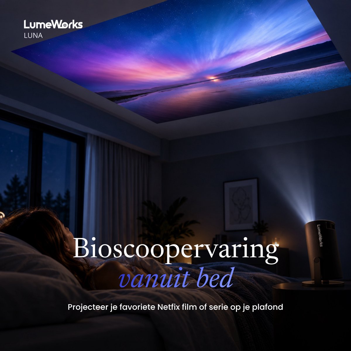 LumeWorks Luna Mini Beamer 2026 - 4K Support - Smart Projector met Android 14 - WiFi 6 & Bluetooth - Home Cinema - Draagbaar - Streamen vanaf Telefoon - Zwart thumbnail 2